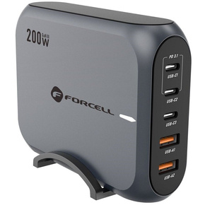 Επιτραπέζιος φορτιστής FORCELL 3x USB Type-C 2x USB-A 200W 5A GaN PD QC4.0, γκρι