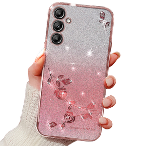 Θήκη για Samsung Galaxy A15, Glitter Flower, ροζ rose gold + γυαλί 9H