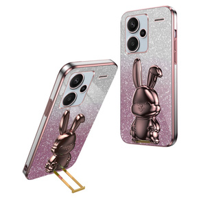 Θήκη για Xiaomi Redmi Note 13 Pro+, Glitter Rabbit, με συρόμενη βάση στήριξης, ροζ