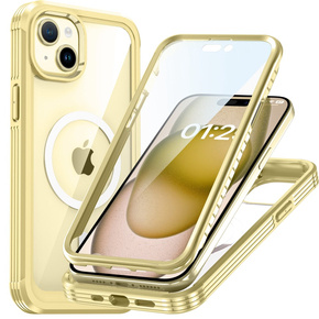 Θήκη για iPhone 15, θωρακισμένη πλήρης προστασία 360° για MagSafe, γυαλί οθόνης, κίτρινη