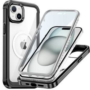 Θήκη για iPhone 15, θωρακισμένη πλήρης προστασία 360° για MagSafe, γυαλί οθόνης, μαύρη