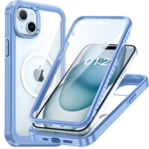 Θήκη για iPhone 15, θωρακισμένη πλήρης προστασία 360° για MagSafe, γυαλί οθόνης, μπλε