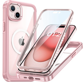 Θήκη για iPhone 15, θωρακισμένη πλήρης προστασία 360° για MagSafe, γυαλί οθόνης, ροζ rose gold
