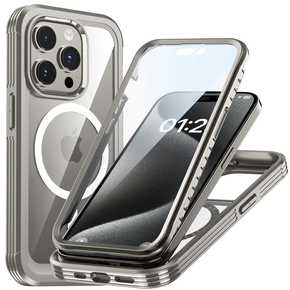 Θήκη για iPhone 15 Pro, θωρακισμένη πλήρης προστασία 360° για MagSafe, γυαλί οθόνης, γκρι