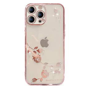 Θήκη για iPhone 15 Pro Max, Glitter Flower, ροζ rose gold