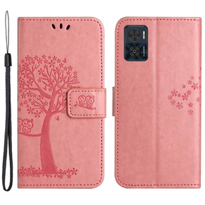 Θήκη με πτερύγιο για Motorola Moto E22 / E22i, Wallet, tree i sowy, ροζ