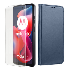 Θήκη με πτερύγιο για Motorola Moto G04 / G24 / G24 Power, Smart Magnetic, σκούρο μπλε + γυαλί 9H