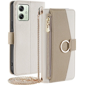 Θήκη με πτερύγιο για Motorola Moto G54 5G, Wallet Zipper Pocket, με καθρέφτη, λευκή