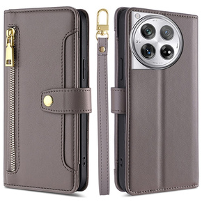 Θήκη με πτερύγιο για OnePlus 12 5G, Wallet Zipper Pocket, γκρι