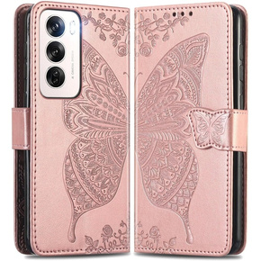 Θήκη με πτερύγιο για Oppo Reno 12 Pro, Butterfly, ροζ rose gold