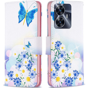 Θήκη με πτερύγιο για Realme C55, butterfly and flowers, ροζ