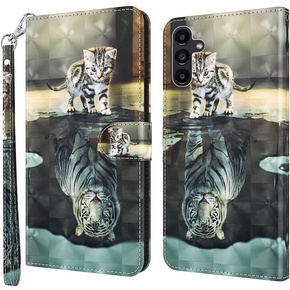 Θήκη με πτερύγιο για Samsung Galaxy A14 4G/5G, Wallet, Cat & Tiger, γκρι