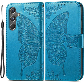Θήκη με πτερύγιο για Samsung Galaxy A15, Butterfly Flower, μπλε + γυαλί 9H