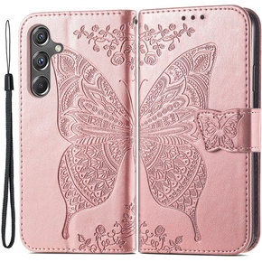 Θήκη με πτερύγιο για Samsung Galaxy A15, Butterfly Flower, ροζ + γυαλί 9H