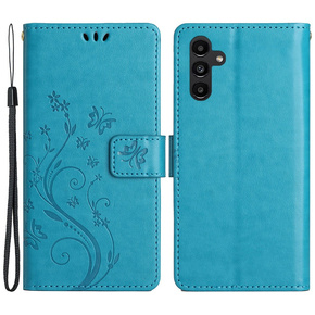 Θήκη με πτερύγιο για Samsung Galaxy A25 5G, Butterfly Flower, μπλε + γυαλί 9H