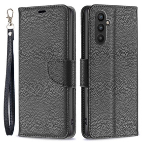 Θήκη με πτερύγιο για Samsung Galaxy A25 5G, Wallet Litchi Leather, μαύρη + γυαλί 9H