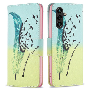 Θήκη με πτερύγιο για Samsung Galaxy A35 5G, Wallet, Feather μπλε / κίτρινη