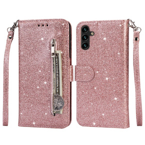 Θήκη με πτερύγιο για Samsung Galaxy A35 5G, Wallet Zipper Pocket Glittery, ροζ rose gold