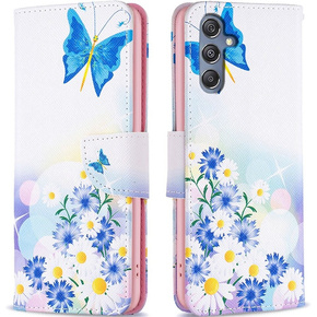 Θήκη με πτερύγιο για Samsung Galaxy M34, Wallet, butterfly & flowers, λευκή