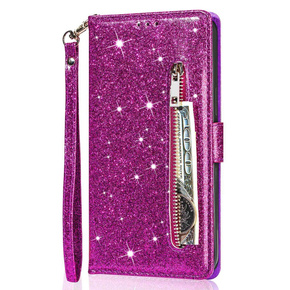 Θήκη με πτερύγιο για Samsung Galaxy S24 Ultra, Wallet Zipper Pocket Glittery, μωβ