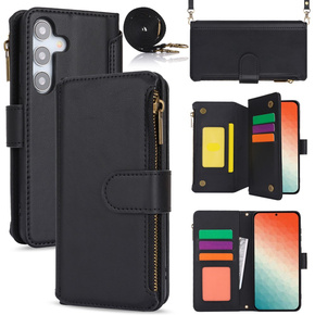 Θήκη με πτερύγιο για Samsung Galaxy S24, Wallet Zipper Pocket RFID, με ιμάντα ώμου, μαύρη