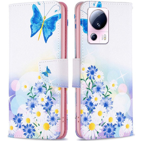 Θήκη με πτερύγιο για Xiaomi 13 Lite, Wallet, butterfly and flowers, λευκή