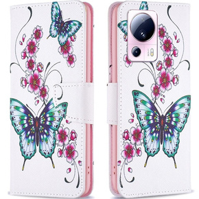 Θήκη με πτερύγιο για Xiaomi 13 Lite, Wallet, butterfly & flowers, λευκή