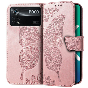 Θήκη με πτερύγιο για Xiaomi Poco X4 Pro 5G, Butterfly, ροζ rose gold