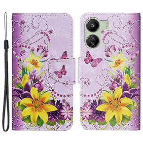 Θήκη με πτερύγιο για Xiaomi Redmi 13C / Poco C65, Wallet, Flowers and Butterflies, μοβ