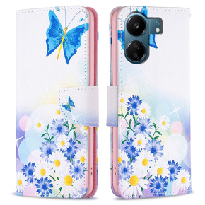 Θήκη με πτερύγιο για Xiaomi Redmi 13C / Poco C65, Wallet, butterfly & flowers, λευκή