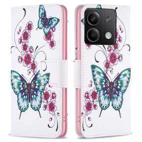 Θήκη με πτερύγιο για Xiaomi Redmi Note 13 5G, Wallet, Butterflies & Flowers λευκή