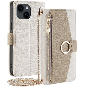 Θήκη με πτερύγιο για iPhone 15, Wallet Zipper Pocket, με καθρέφτη, λευκή