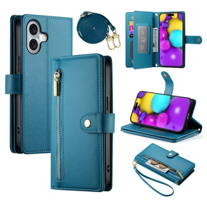 Θήκη με πτερύγιο για iPhone 16 Plus, Wallet Zipper Pocket, μπλε