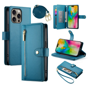 Θήκη με πτερύγιο για iPhone 16 Pro Max, Wallet Zipper Pocket, μπλε