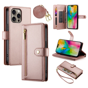 Θήκη με πτερύγιο για iPhone 16 Pro Max, Wallet Zipper Pocket, ροζ