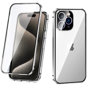 θήκη για το iPhone 15 Pro Max, Magnetic Dual Glass, ασημένια