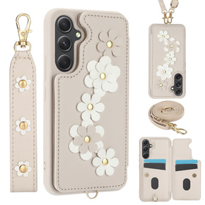 θήκη για Samsung Galaxy S23 FE, Leather Flower Card Slot, μπεζ