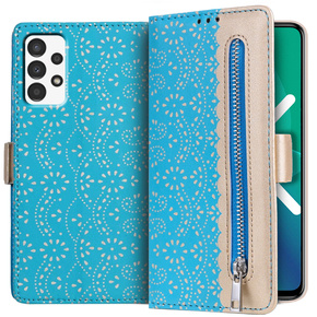 θήκη πτερύγιο για Samsung Galaxy A33 5G, Wallet Pocket Zipper Lace, μπλε