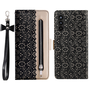 θήκη πτερύγιο για Samsung Galaxy A35 5G, Wallet Pocket Zipper Lace, μαύρη