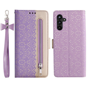 θήκη πτερύγιο για Samsung Galaxy A35 5G, Wallet Pocket Zipper Lace, μωβ