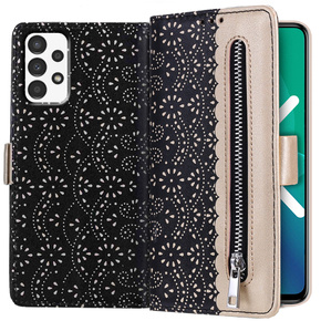 θήκη πτερύγιο για Samsung Galaxy A52 / A52s, Wallet Pocket Zipper Lace, μαύρη