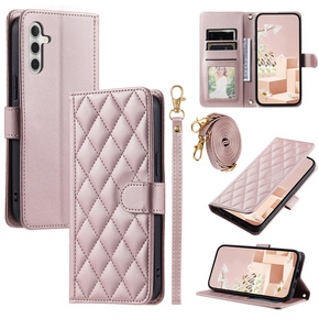 θήκη πτερύγιο για Samsung Galaxy A55 5G, Rhombus Crossbody Leather, ροζ rose gold