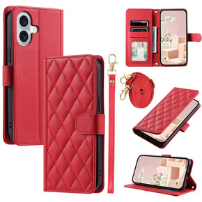 θήκη πτερύγιο για iPhone 16 Plus, Rhombus Crossbody Leather, κόκκινη