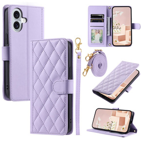 θήκη πτερύγιο για iPhone 16 Plus, Rhombus Crossbody Leather, μωβ