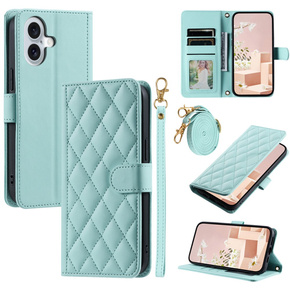 θήκη πτερύγιο για iPhone 16 Plus, Rhombus Crossbody Leather, πράσινη