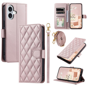 θήκη πτερύγιο για iPhone 16 Plus, Rhombus Crossbody Leather, ροζ rose gold