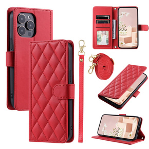 θήκη πτερύγιο για iPhone 16 Pro Max, Rhombus Crossbody Leather, κόκκινη