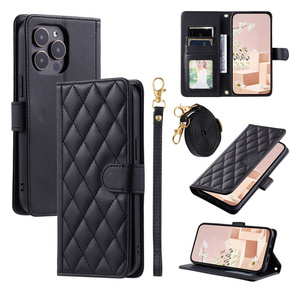 θήκη πτερύγιο για iPhone 16 Pro Max, Rhombus Crossbody Leather, μαύρη