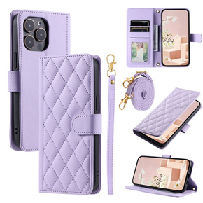 θήκη πτερύγιο για iPhone 16 Pro Max, Rhombus Crossbody Leather, μωβ