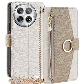 θήκη Wallet Zipper Pocket flip για το OnePlus 12 5G, Wallet Zipper Pocket, με καθρέφτη, λευκή